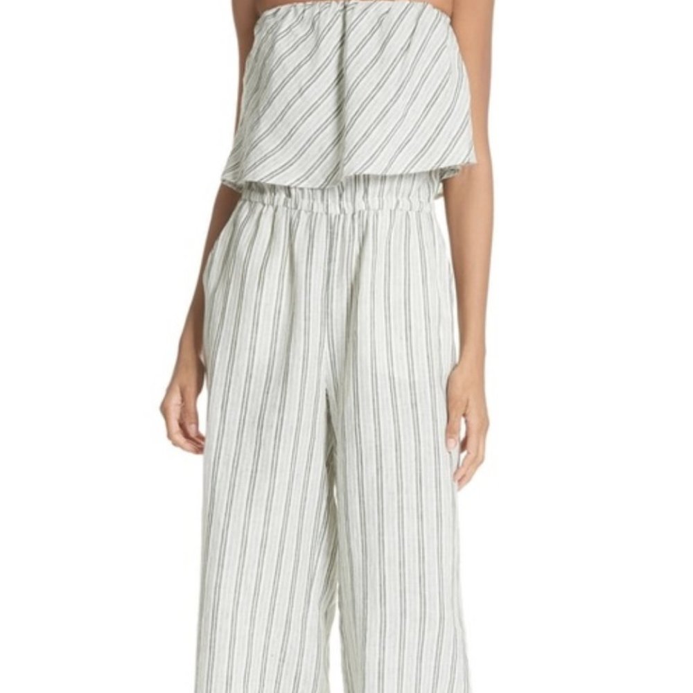 Joie Brogan Linen Jumpsuit, White and Green Stripe